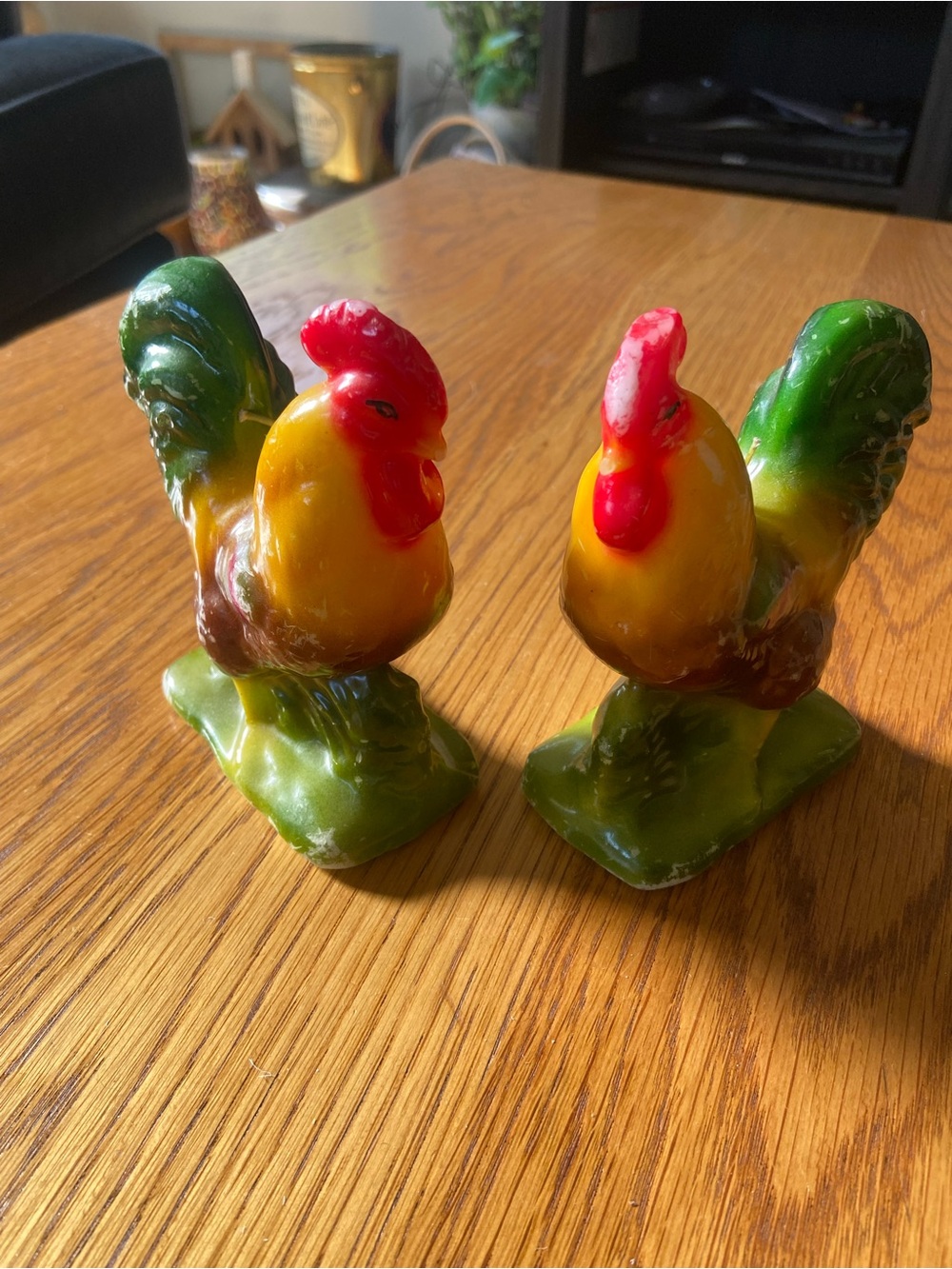 2 Vintage Wax Candle Rooster Figurine Yellow & Green Home Accent